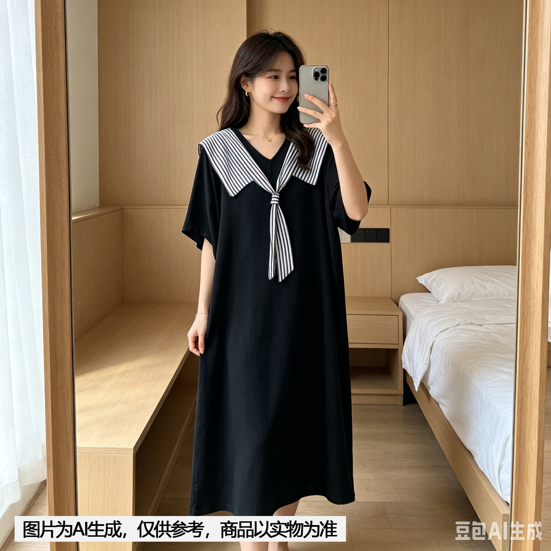 【Annie 170】夏款海军领条纹黑色正肩气质休闲弹性宽松大码显瘦长