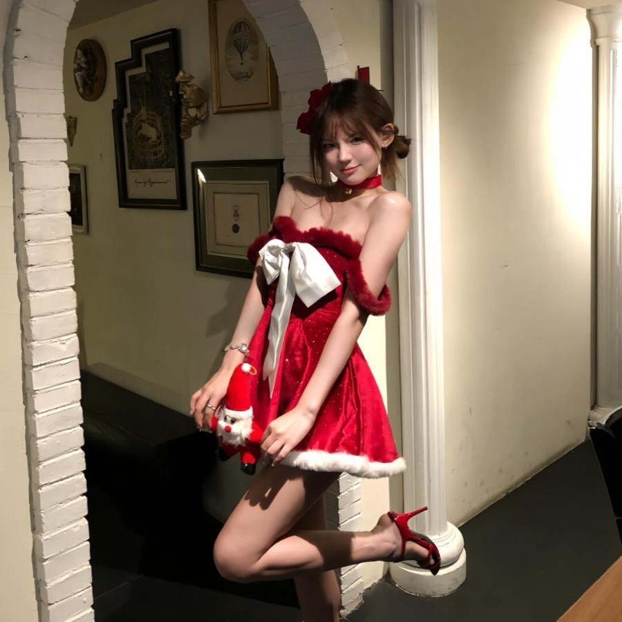【薄雾】BW圣诞晚会最靓少女*圣诞夜宴*原创大蝴蝶结抹胸红色闪闪彭