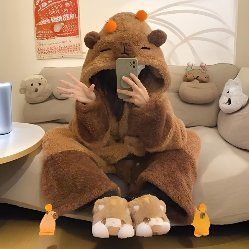 可爱卡皮巴拉睡袍珊瑚绒睡袍连体套装大学生睡衣女款爆款冬天睡衣