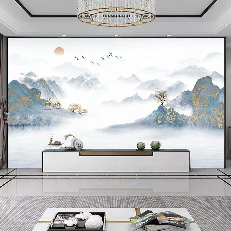 现代新款中式水墨山水画墙板书房客厅沙发电视背景墙立体8D背景墙