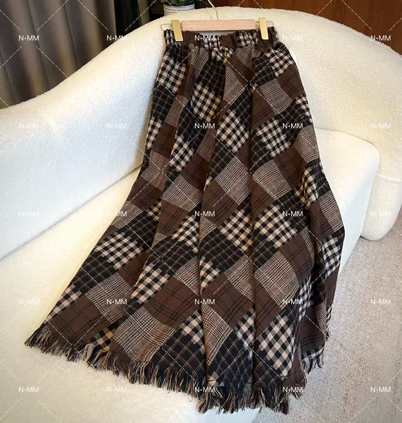 秋冬复古新款气质时尚A型中长裙条纹格子高腰半身裙D0033