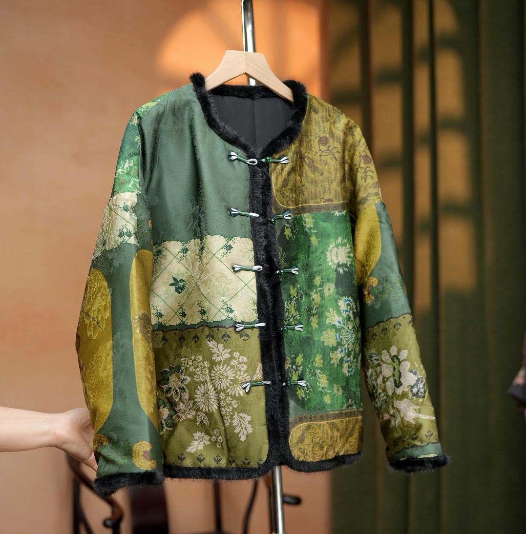 【慕云】国风直襟提花长袖棉服新中式上衣时尚双面夹克宽松棉衣