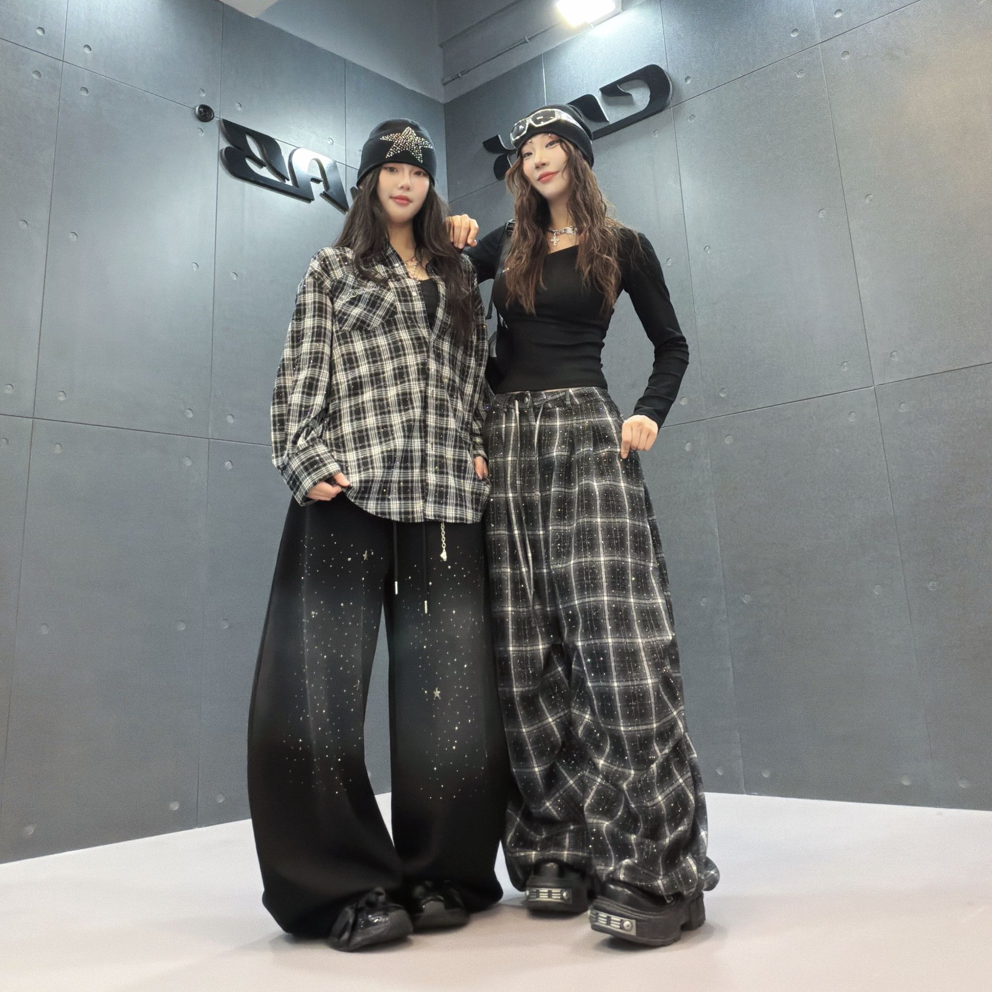 CBXLAB街舞潮牌格子系列亮闪裤子秋季街头酷辣百搭运动宽松