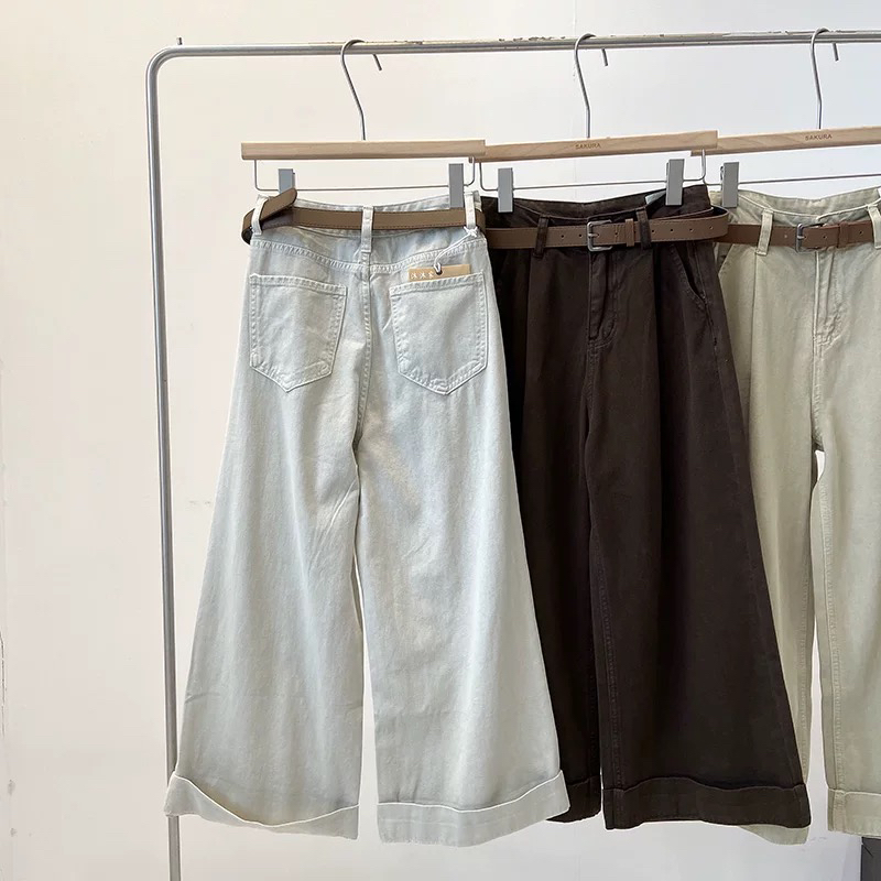 T台2024新款韩版卷边阔腿裤牛仔裤女高腰显瘦宽松九分裤