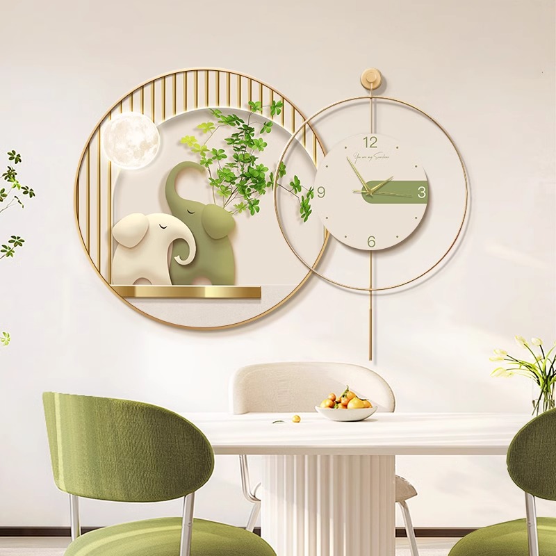 2025大象餐厅装饰画带钟表现代简约绿植客厅餐桌背景墙挂画时钟