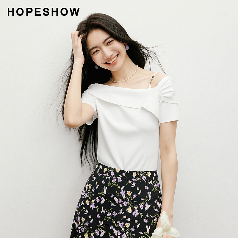 红袖2025夏季女装 纯色金属标装饰斜领露肩套头针织衫90125100106