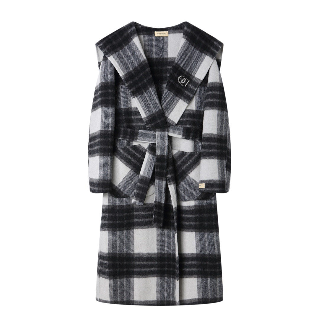 Queen Date黑白拼接格子羊毛大衣保暖加厚长款帽子可拉