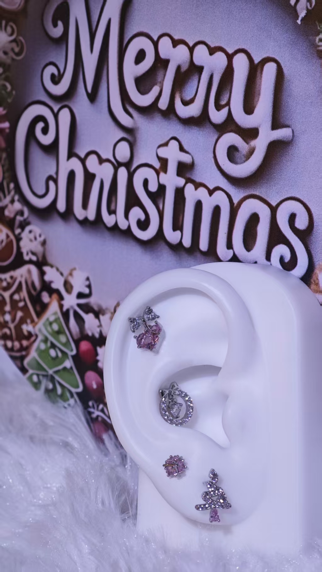 钛钢锆石耳饰 圣诞粉色套组耳垂耳窝耳骨钉甜美气质少女百搭时尚