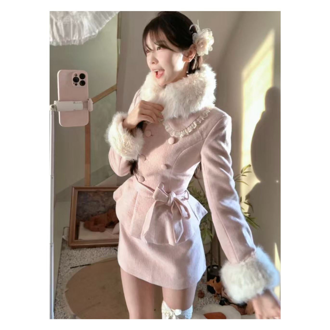 矜贵千金 法式高级感套装春秋毛绒拼接毛呢外套半身裙女