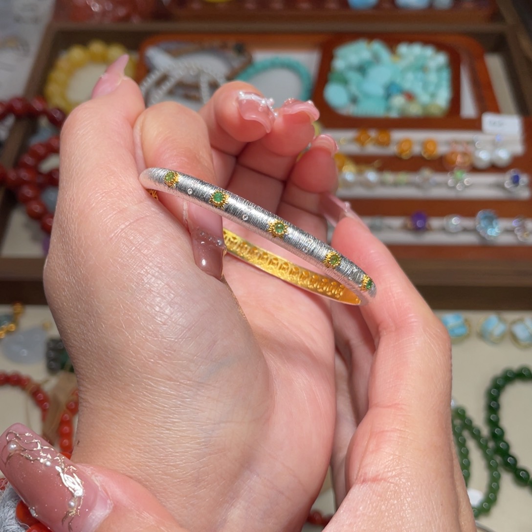 祖母绿手镯银S925镶嵌