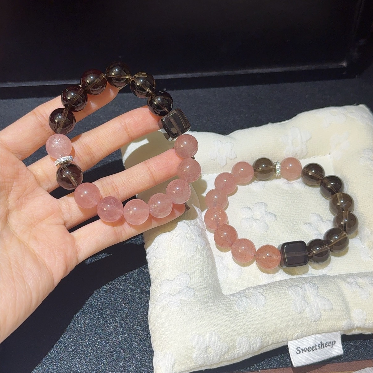 【黑粉】茶晶＋草莓晶＋冰耀方块12mm手串手链 小众设计多样性发一