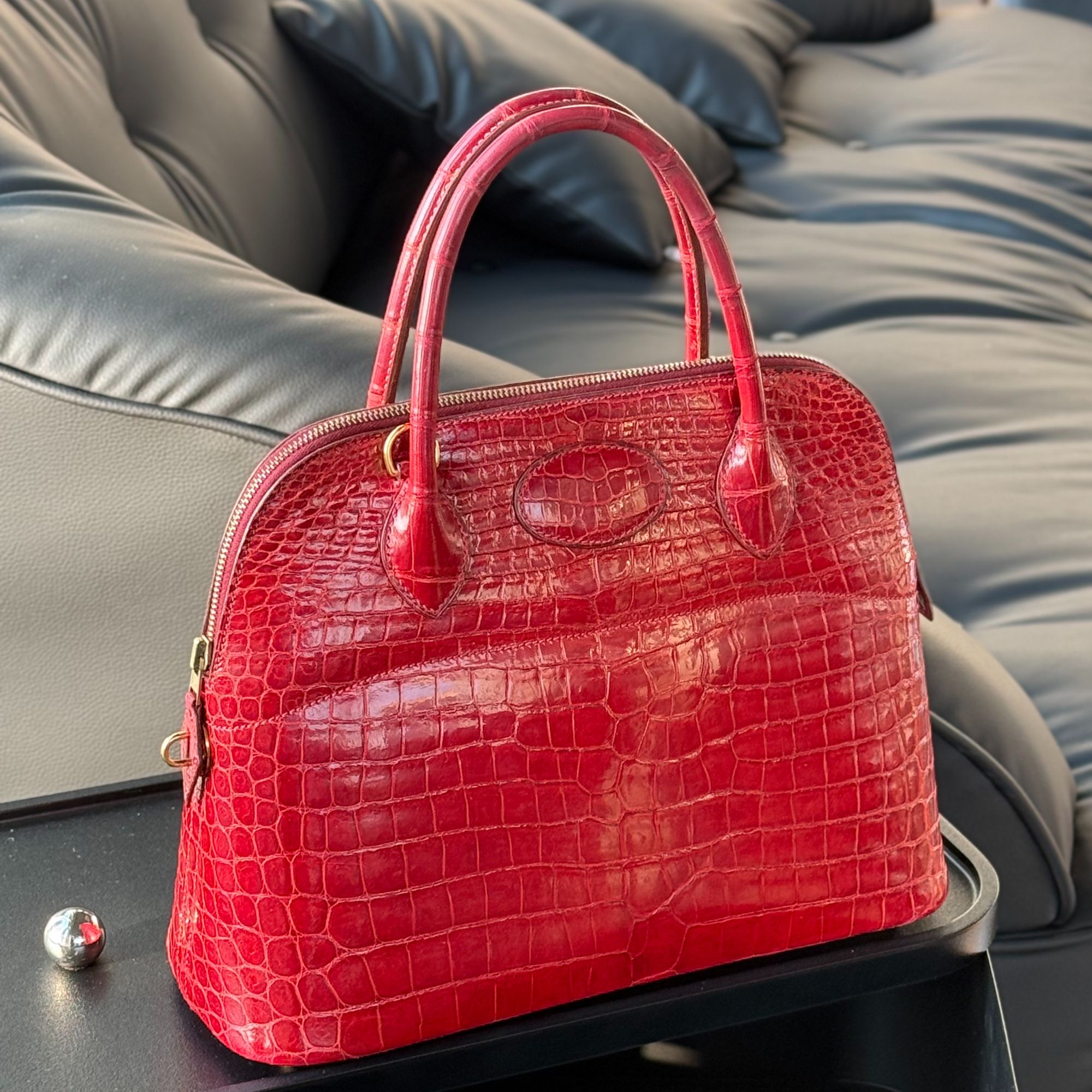 99新 Hermes/爱马仕  保龄球 Bolide31法拉利红金扣亮面倒V 框F刻