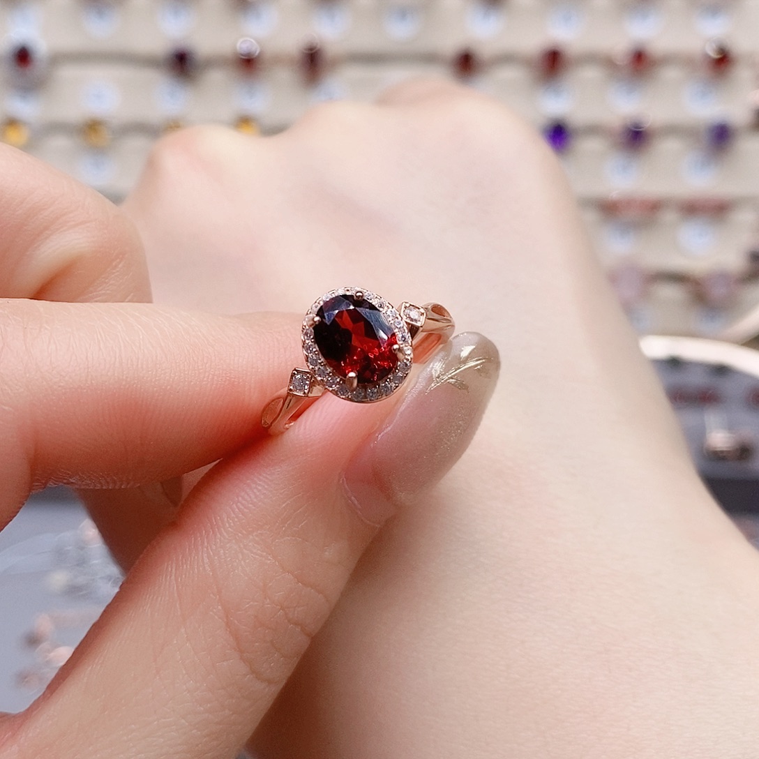 石榴石戒指银S925镶嵌戒指