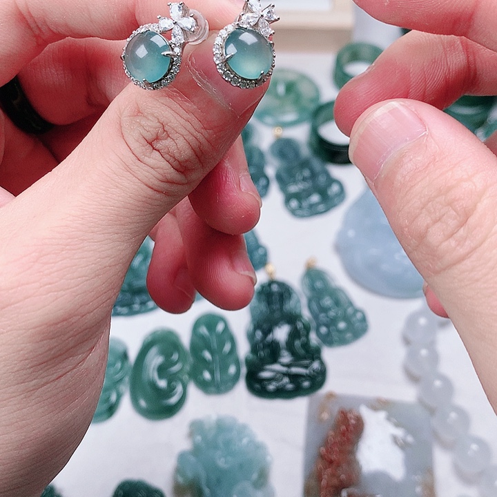 翡翠耳饰银S925镶嵌多样性发货