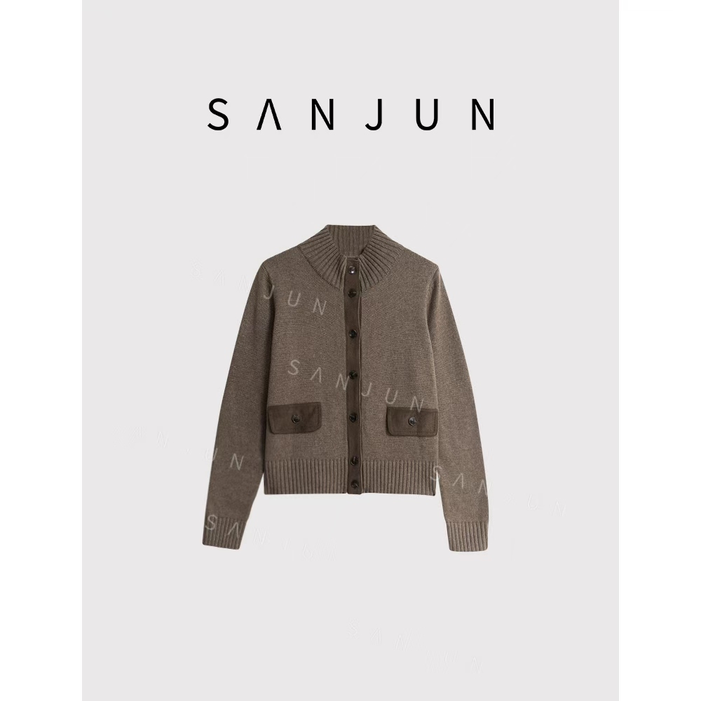 SANJUN【棕绒织缝】-时尚立领长袖拼色羊毛针织开衫外套-8386