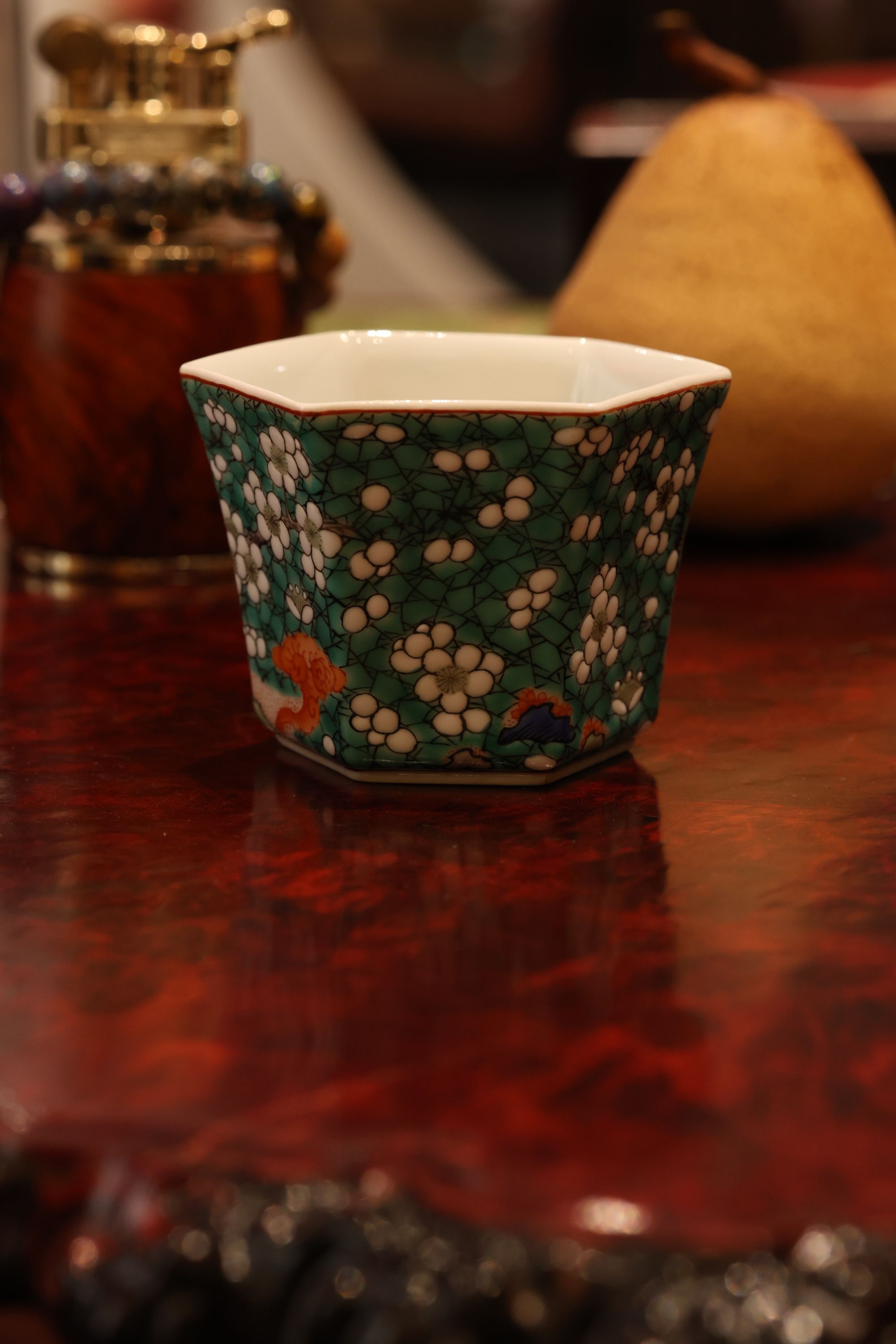 古阅和风·古彩白梅六方杯景德镇陶瓷纯手工手绘茶具茶器