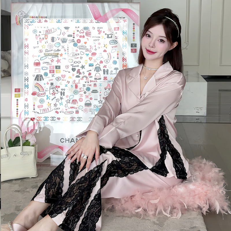 DIMDEVL/汀黛Q粉色天使春秋长袖水光缎拼接蕾丝家居服睡衣套装