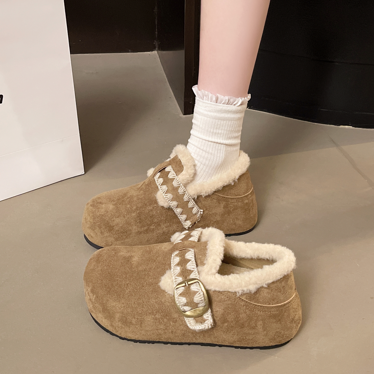 厚底增高5CM小个子勃肯鞋女加绒2025新款秋冬季毛毛鞋保暖二棉鞋