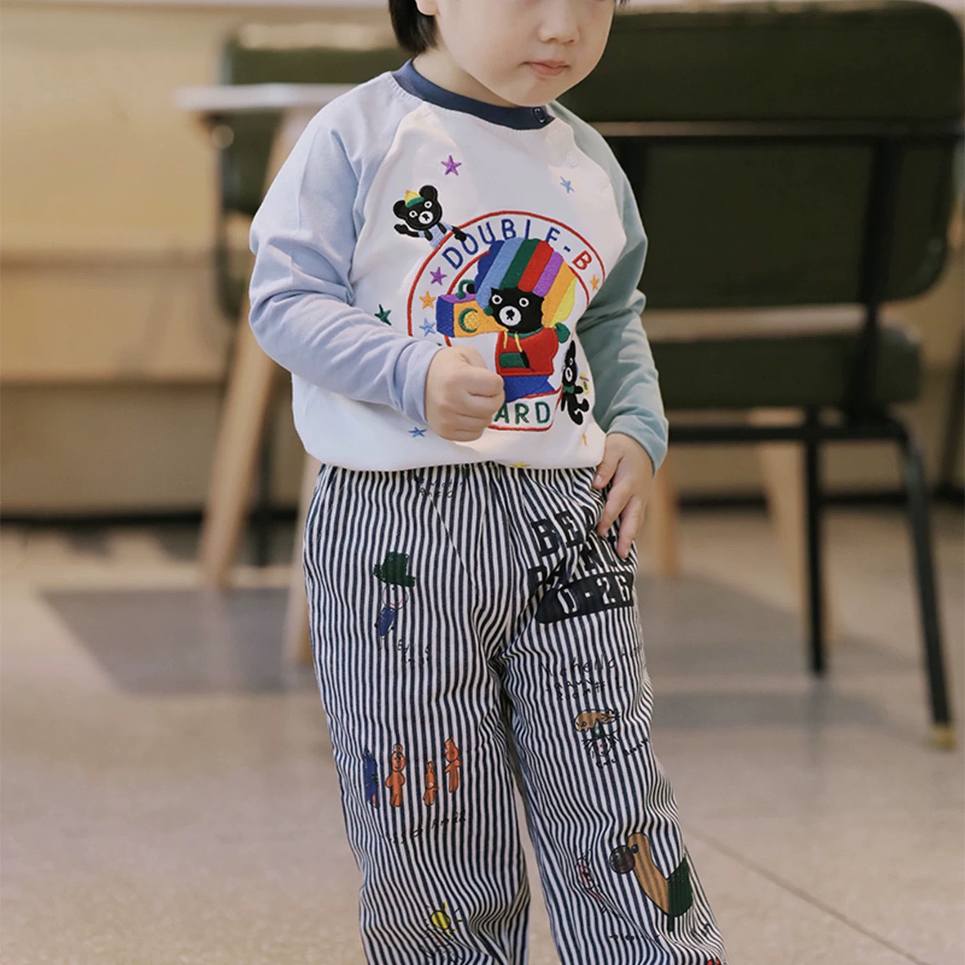 儿童条纹休闲长裤 25秋款日系宝宝卡通可爱鸭子涂鸦水洗长裤