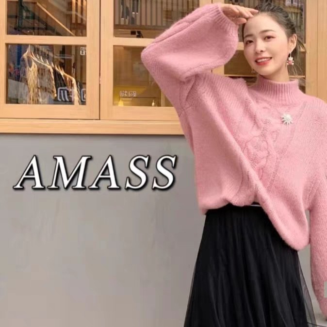 阿玛施AMASS秋冬新款藕粉时尚温柔风甜美减龄套头毛衣女士5399363