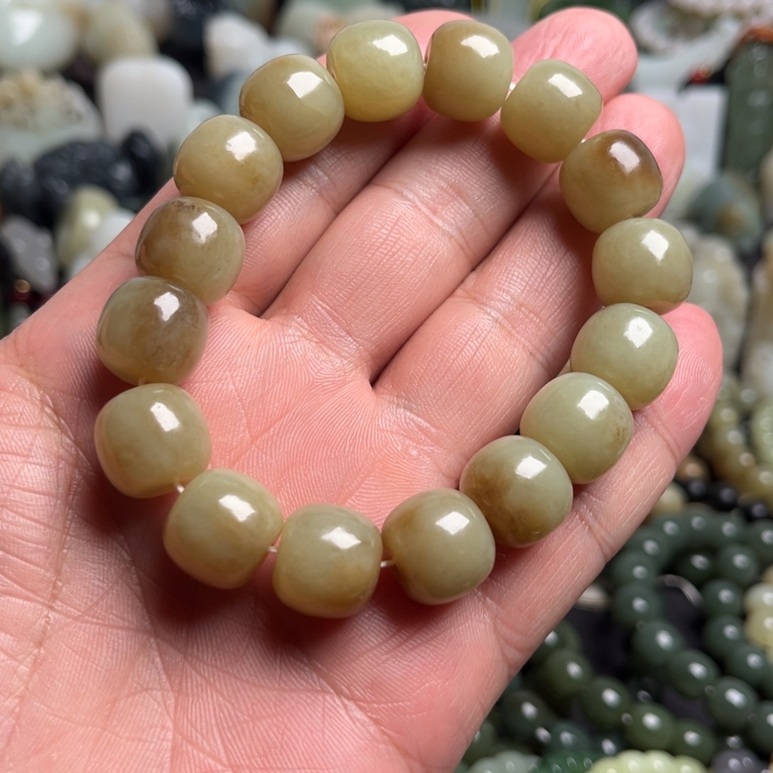 和田玉（青白玉）未镶嵌套链和田玉且末卡14手串