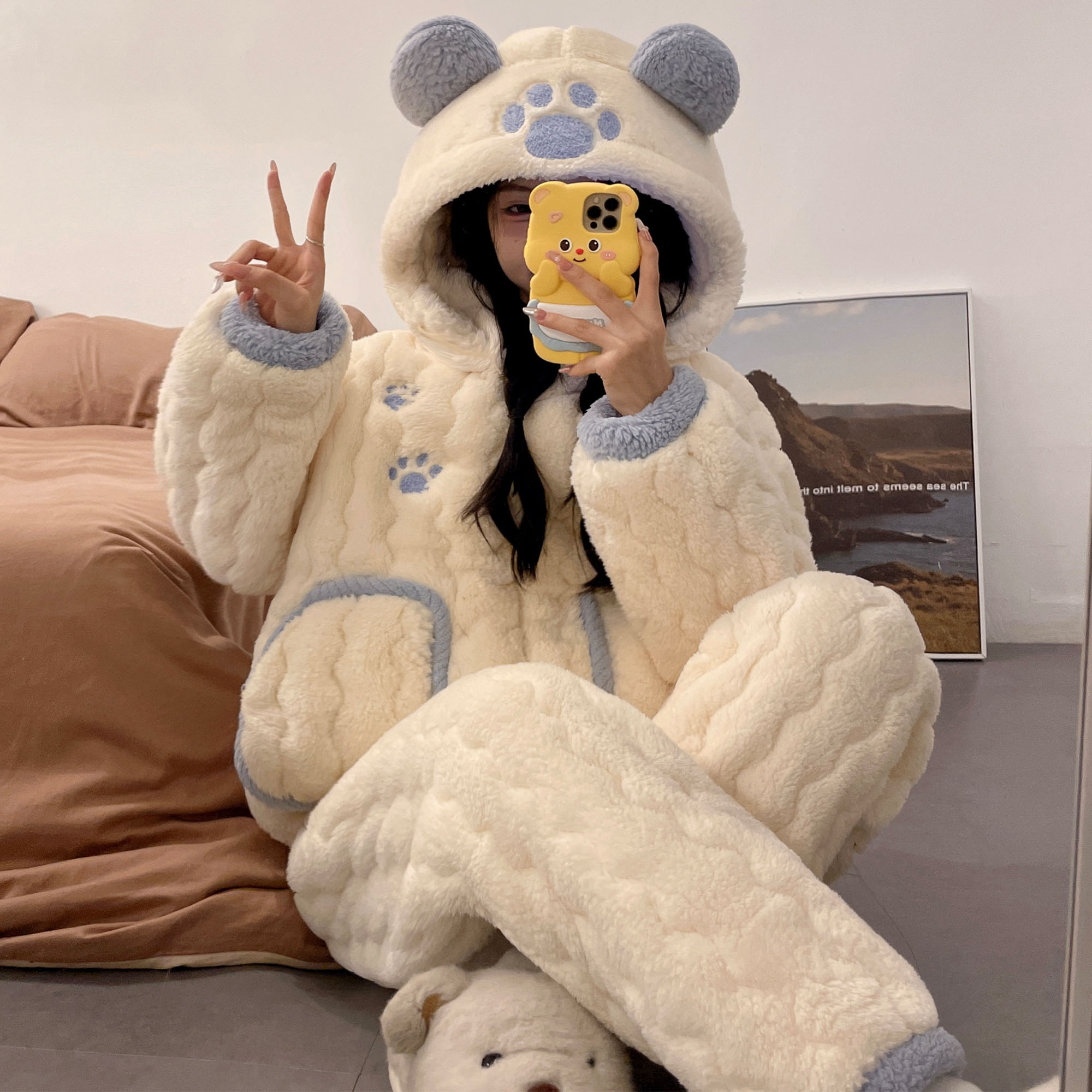 三层夹棉睡衣女秋冬季连帽加厚加绒珊瑚绒保暖2025新款家居服冬天