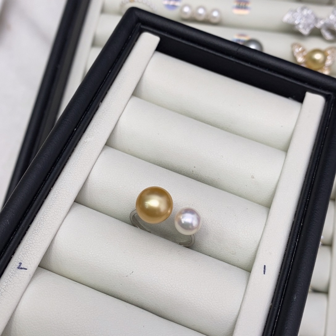 海水珍珠戒圈银S925镶嵌7-9金珠加akoya