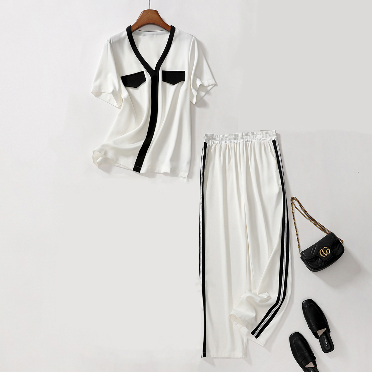 特！门店54&9！高支华尔锻！气质v领撞色凉感女式套装L41035