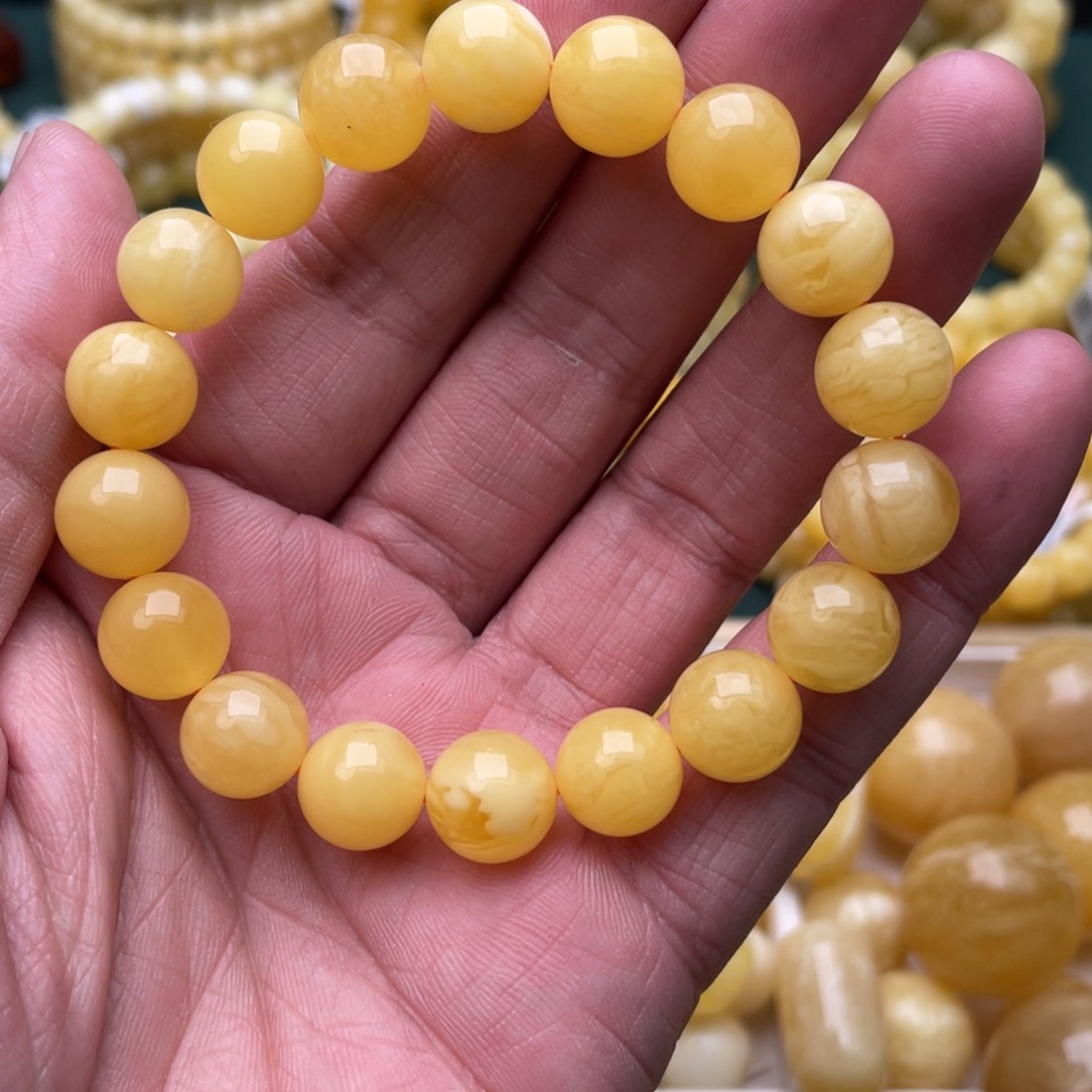 蜜蜡珠宝奇石未镶嵌11mm俄黄花蜡圆珠手串14