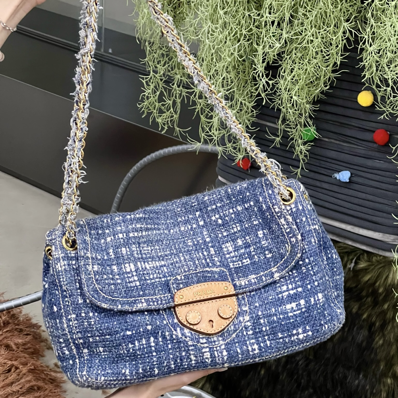 95新 Prada/普拉达 觅时/粗花呢碎布牛仔流浪包/118713