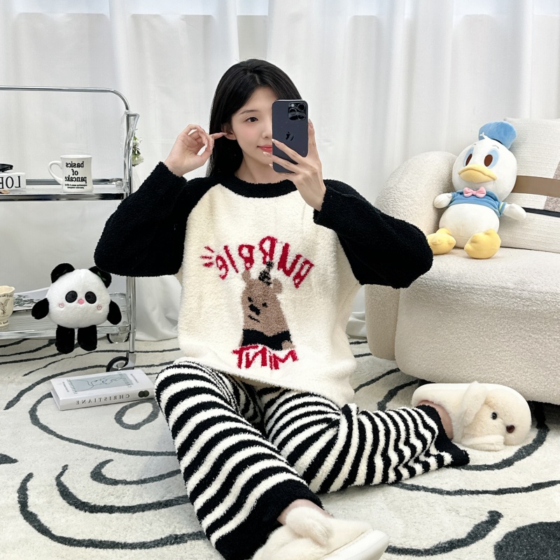 女士睡衣秋冬季半边绒简约高级感加厚卡通少女冬天家居服套装外穿
