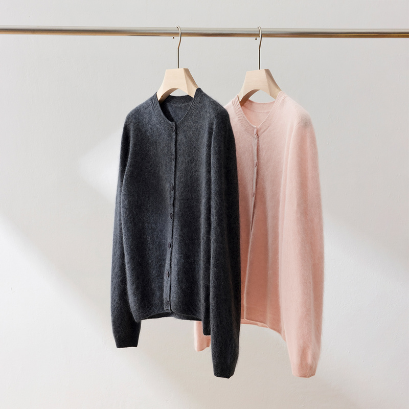 雅令[系列] 永静/羊毛羊绒无缝一体圆领拉毛针织开衫女秋冬新款