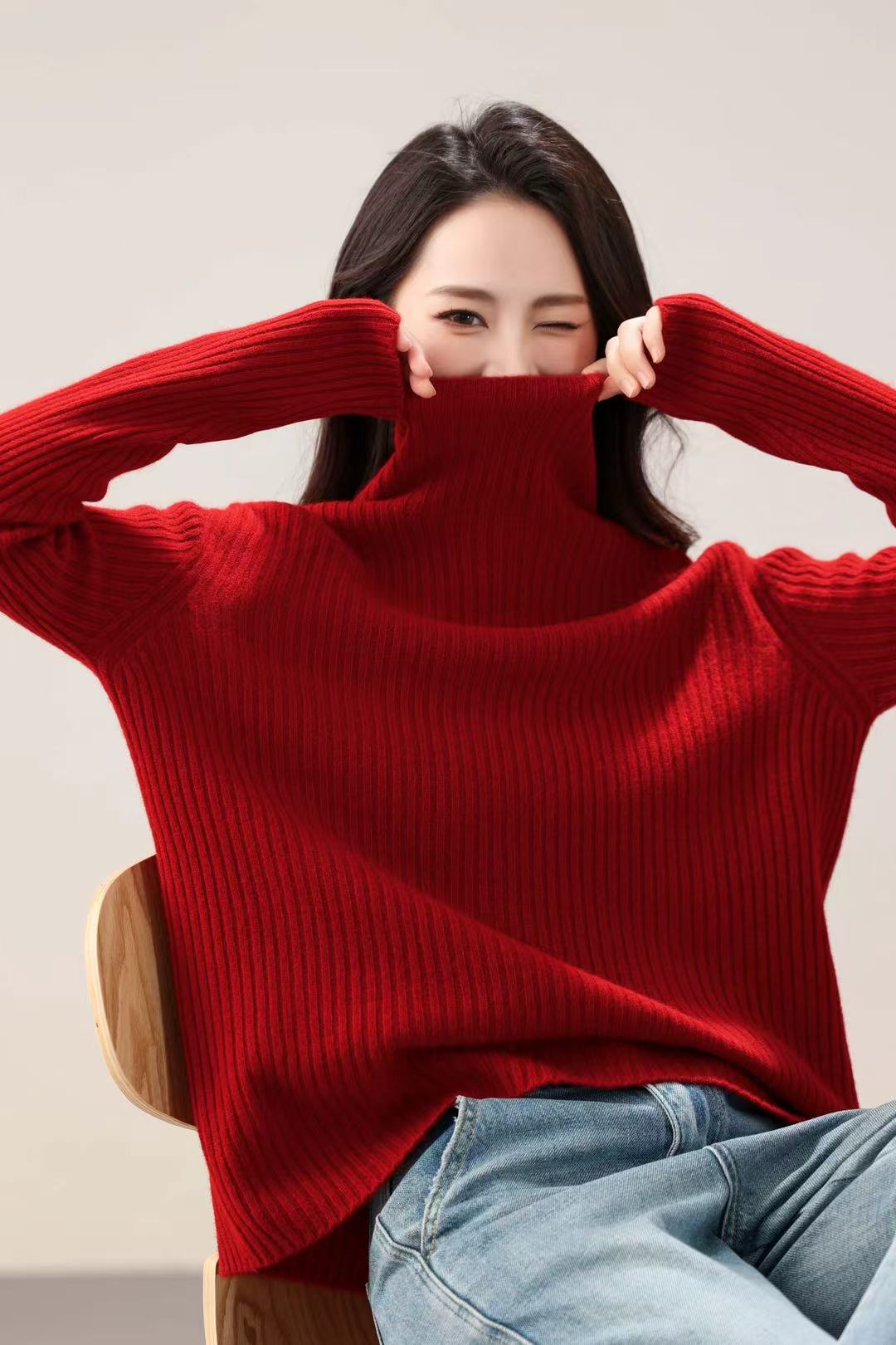 堆堆领100纯羊毛衫美丽诺羊毛打底衫抽条高领女针织毛衣宽松百搭