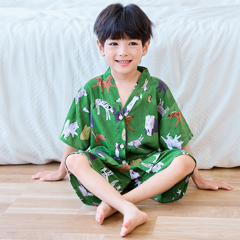夏季儿童薄款男童空调服短袖女孩女童宝宝棉绸睡衣家居服套装