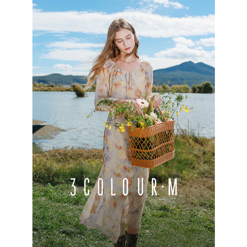 【品牌福利】三彩2025春季新款法式复古雪纺碎花裙连衣裙大摆dbx