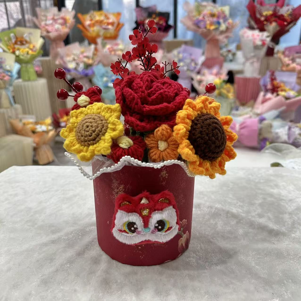 年宵花抱抱桶非遗纯手工定制毛线花束高级设计师设计乔迁暖居