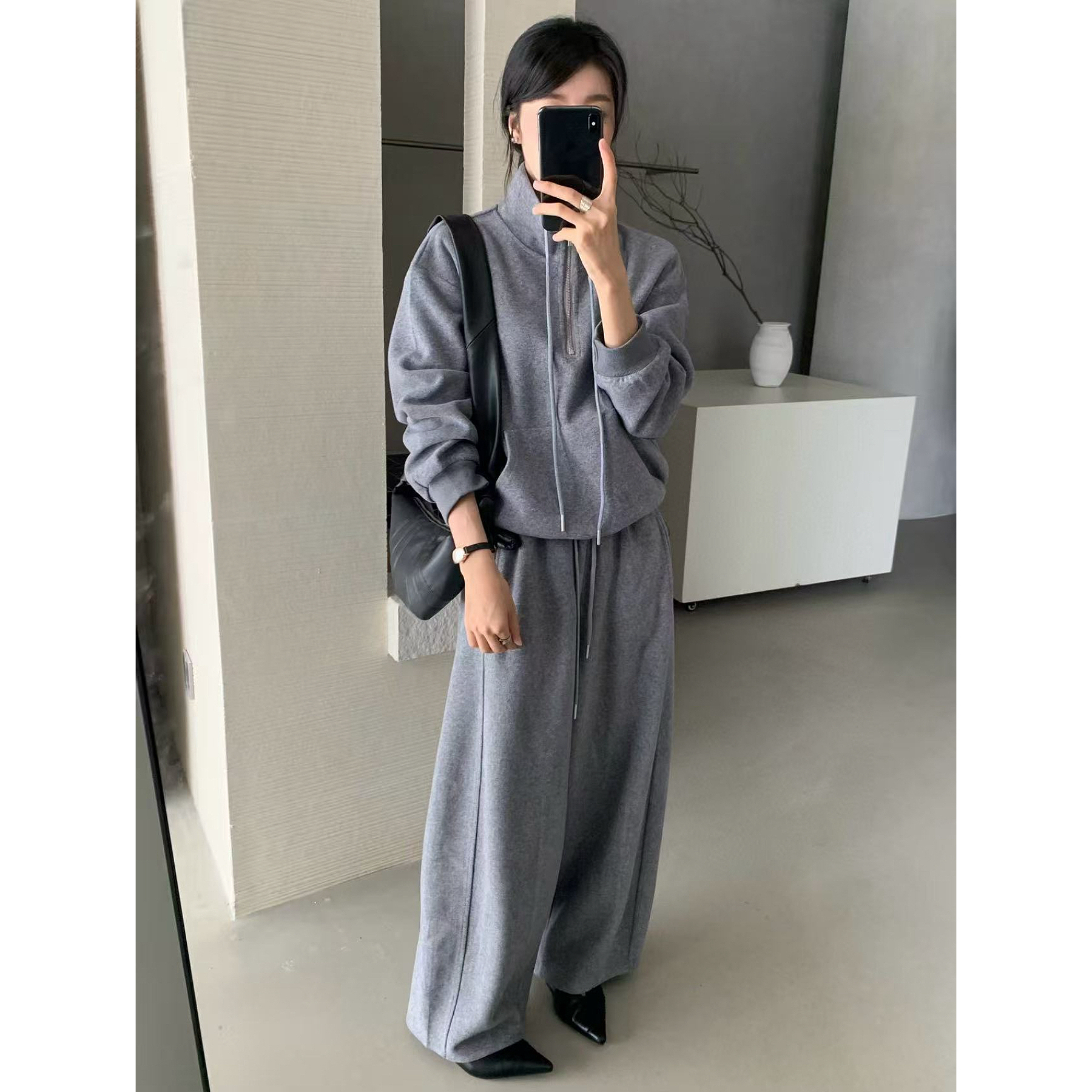 C/63272 加复合～韩系休闲运动风立领毛呢套装（衣长51 裤长94上下