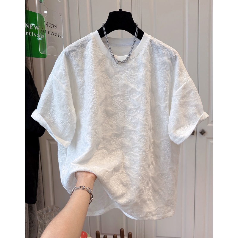 P013今年流行立体肌理感宽松短袖T恤女上衣纯色百搭洋气夏季新款