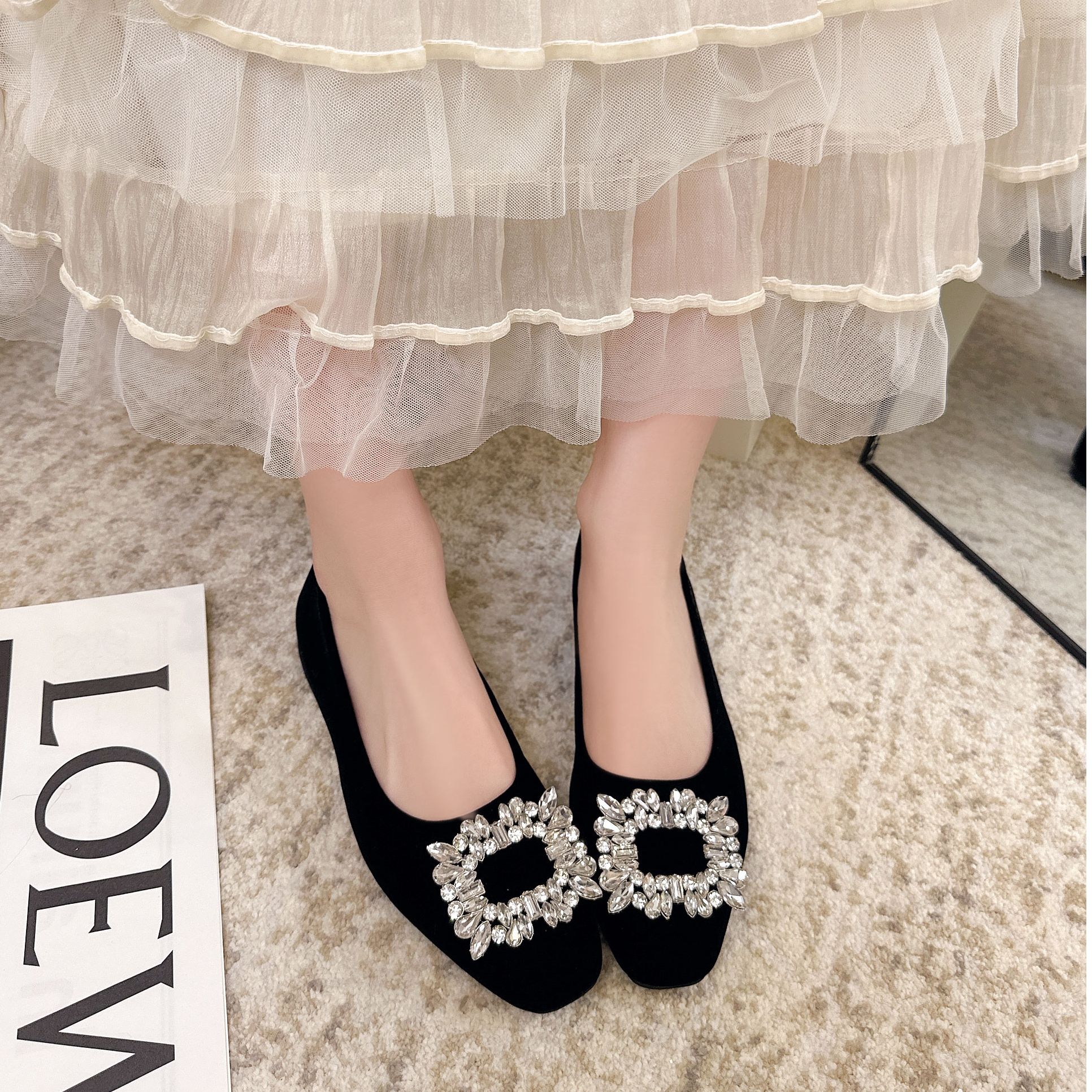 法式水钻方扣粗跟单鞋女气质女鞋