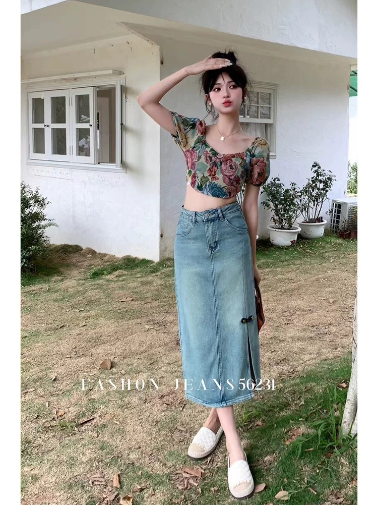 2024夏季新款开叉牛仔裙半身裙女新国风蝴蝶结复古中长款裙子