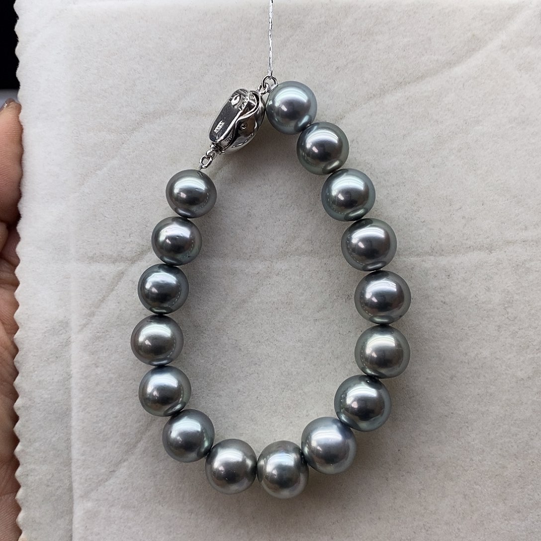 海水珍珠手串银S925镶嵌大溪地铂金灰12-13m m
