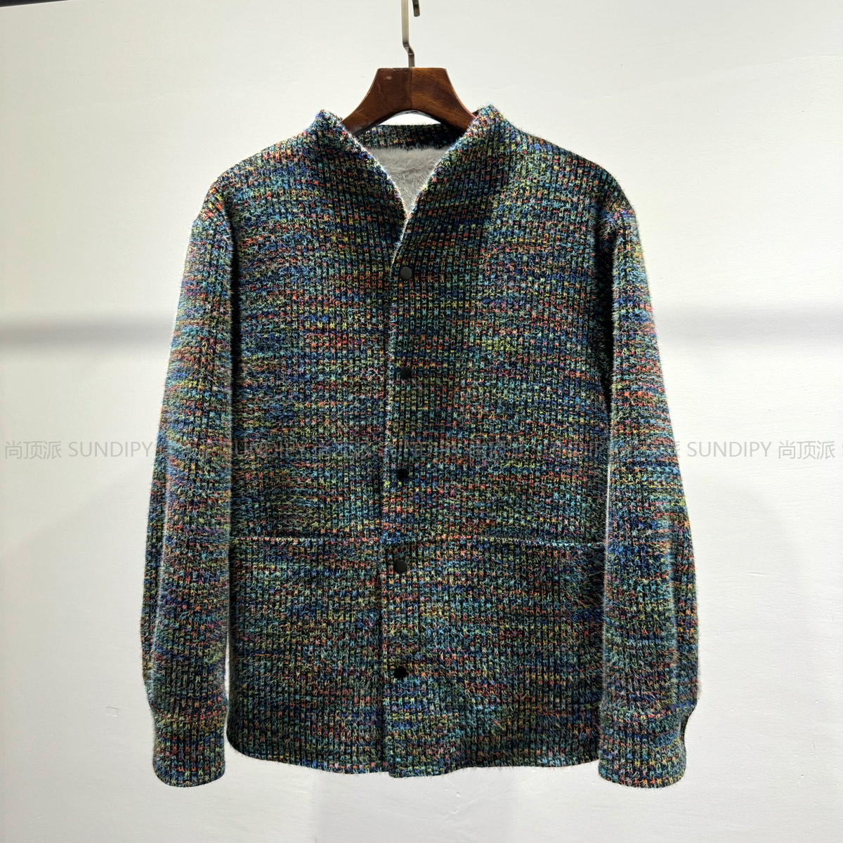 时尚复古多彩混色座山雕立领加绒夹克潮INS男士冬季宽松保暖外套