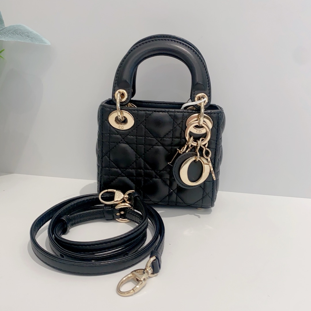 95新 DIOR/迪奥 戴妃小三格mini包黑色单肩包16365344