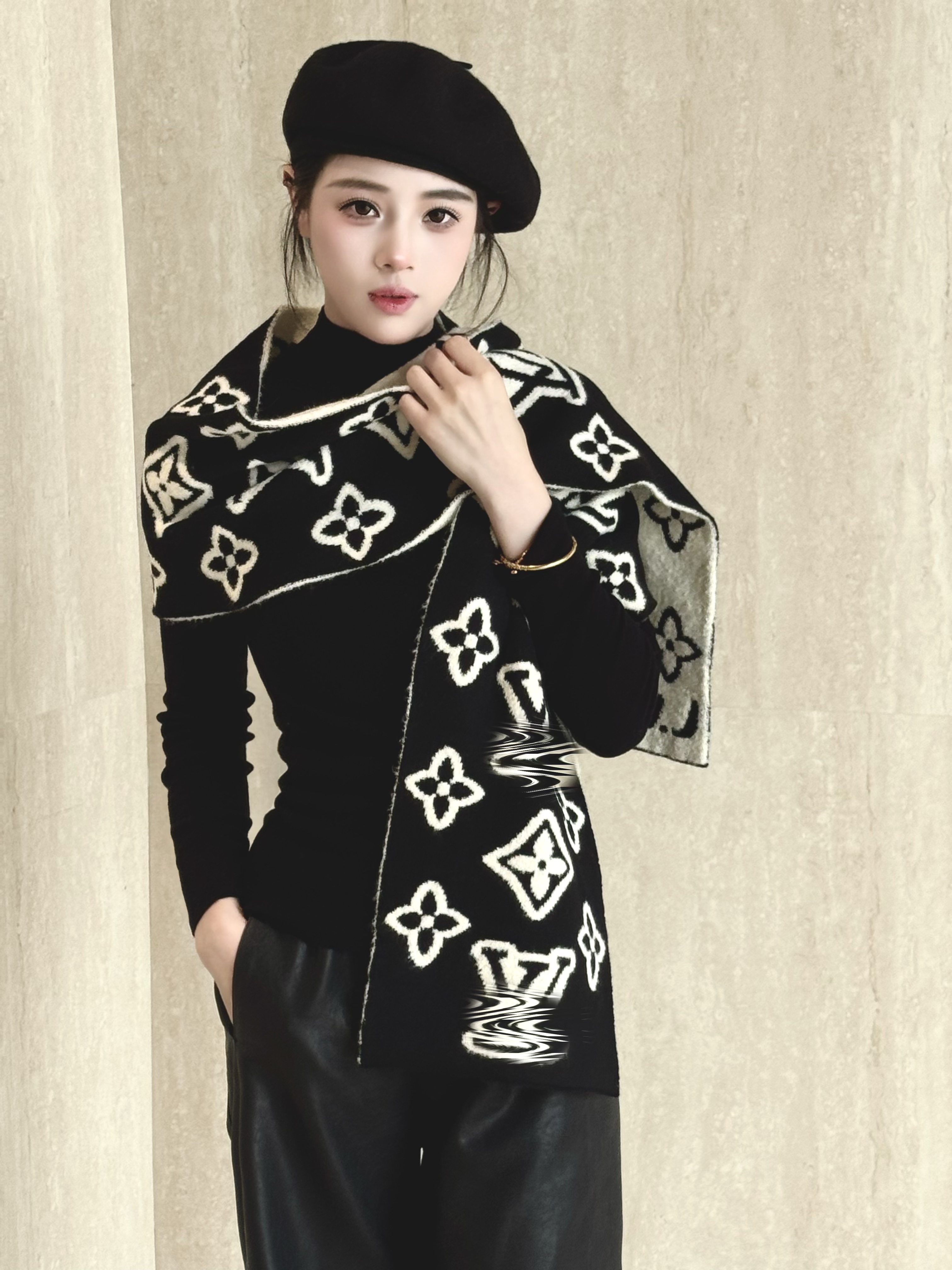 【原版】高奢定制羊绒围巾，冬季长款时尚精致女士保暖针织氛围感