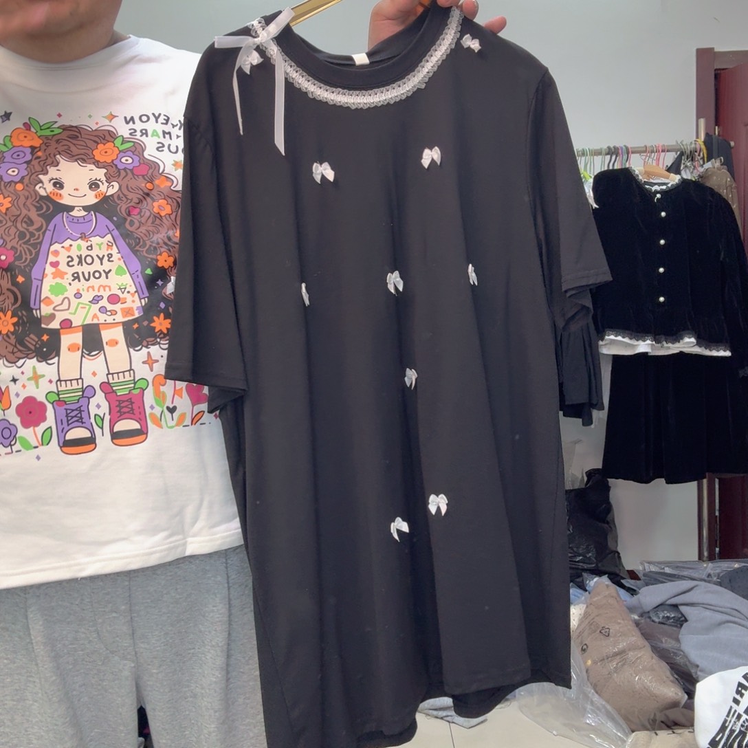 大码女装半袖黑色蝴蝶结