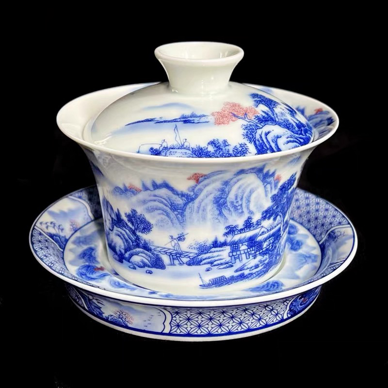 景德镇青花陶瓷富春山居图马蹄平底盖碗中式高端三才泡茶杯