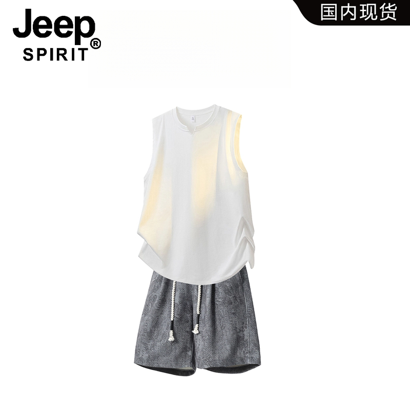 JEEP SPIRIT吉普无袖背心套装男士2025夏季凉感宽松休闲两件套高
