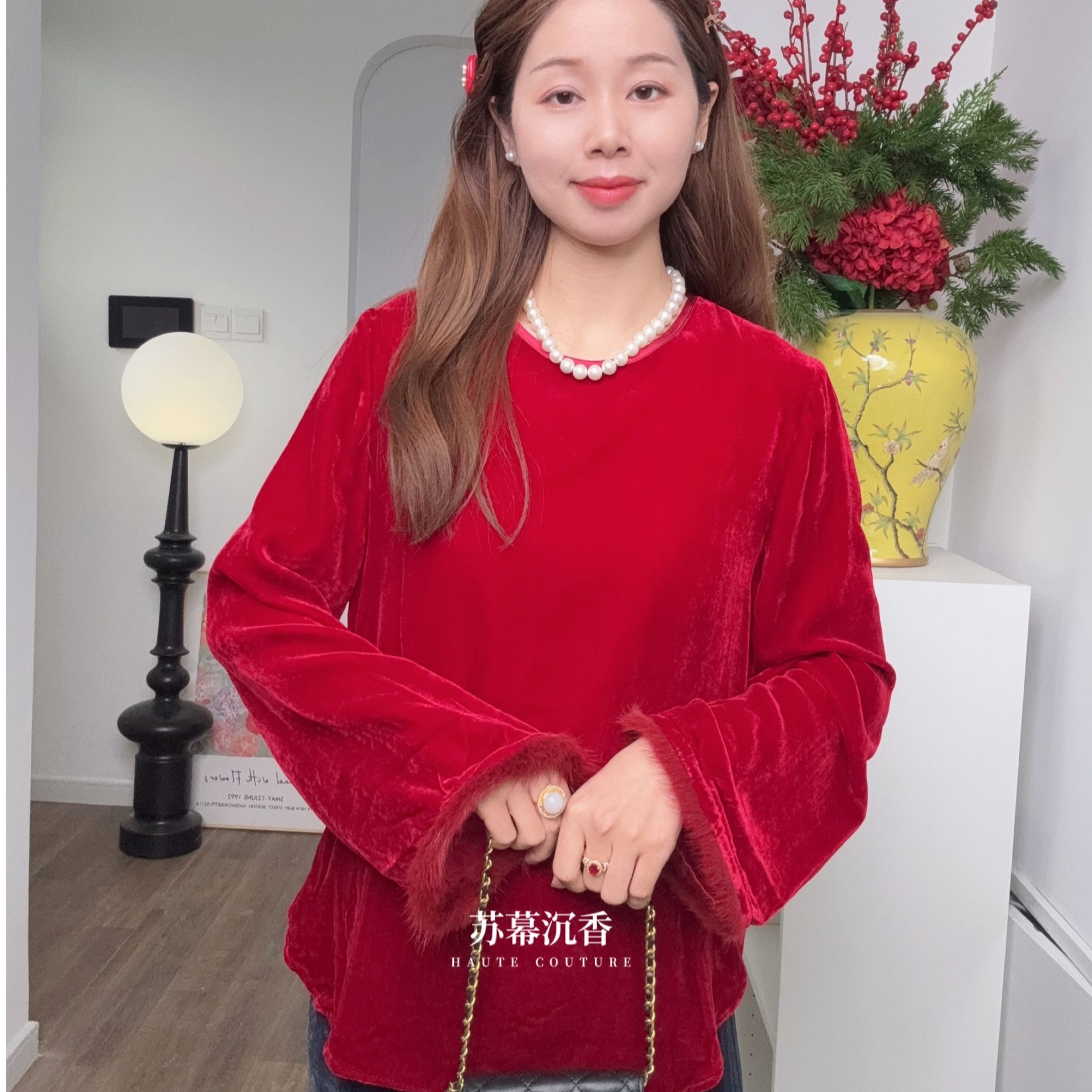 苏幕沉香-新年新衣 l 新中式6S级真丝圆领水貂毛袖口打底衫女