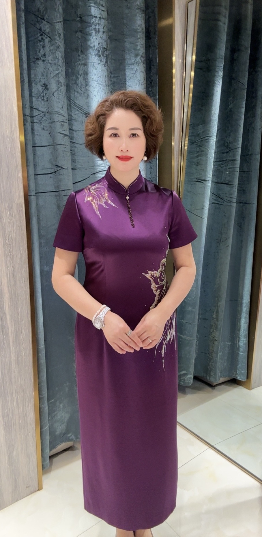 朱紫䄖17521紫色旗袍气质婚礼优雅显瘦修身礼服装
