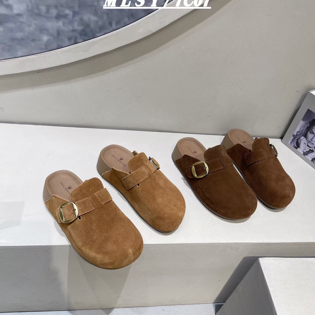 厚底复古真皮博肯拖女2025秋季新款磨砂皮一脚蹬休闲包头拖鞋